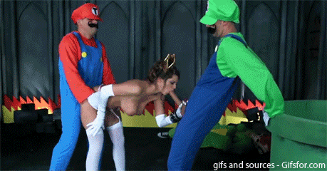 Super Mario and Luigi threesome sex with awesome girl teen blowjob  gif