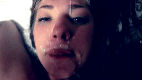 Cute girl with cum on her face licks messy cock facial cumshot  gif